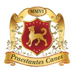 graphic logo of a golden dog on a red shield